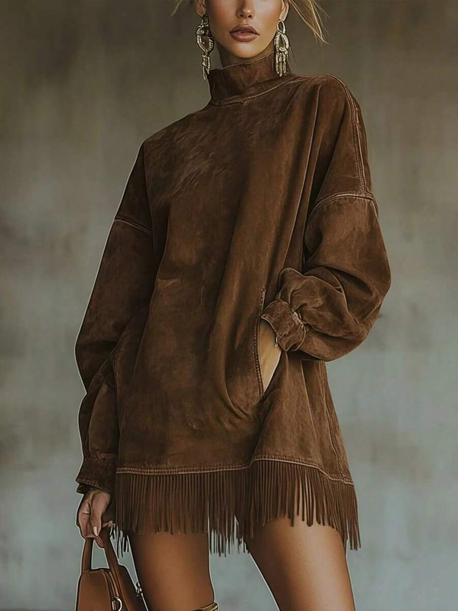 2 High-Necked Suede Fringed Dress With Loose Long Sleeves And Pocket Design. Three-Dimensional Cut Shape Bohemian Style. Fall/Winter Relaxed And Fashionable Item. Fashionable Women's Outerwear. Christmas Gift. . - 棕色 - 查看 1