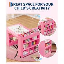 Mesa de arte infantil de 49 pulgadas, mesa grande de manualidades con 2 sillas, escritorio multifuncional con estantes para habitación infantil, jardín de infancia, sala de juegos y escuela. - Rosa - Ver 6