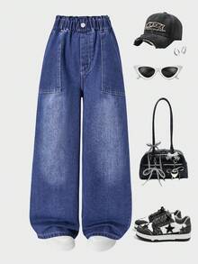 Girls' Casual Ruffled Wide Leg Jeans, Suitable For All Seasons - Blue - View 3