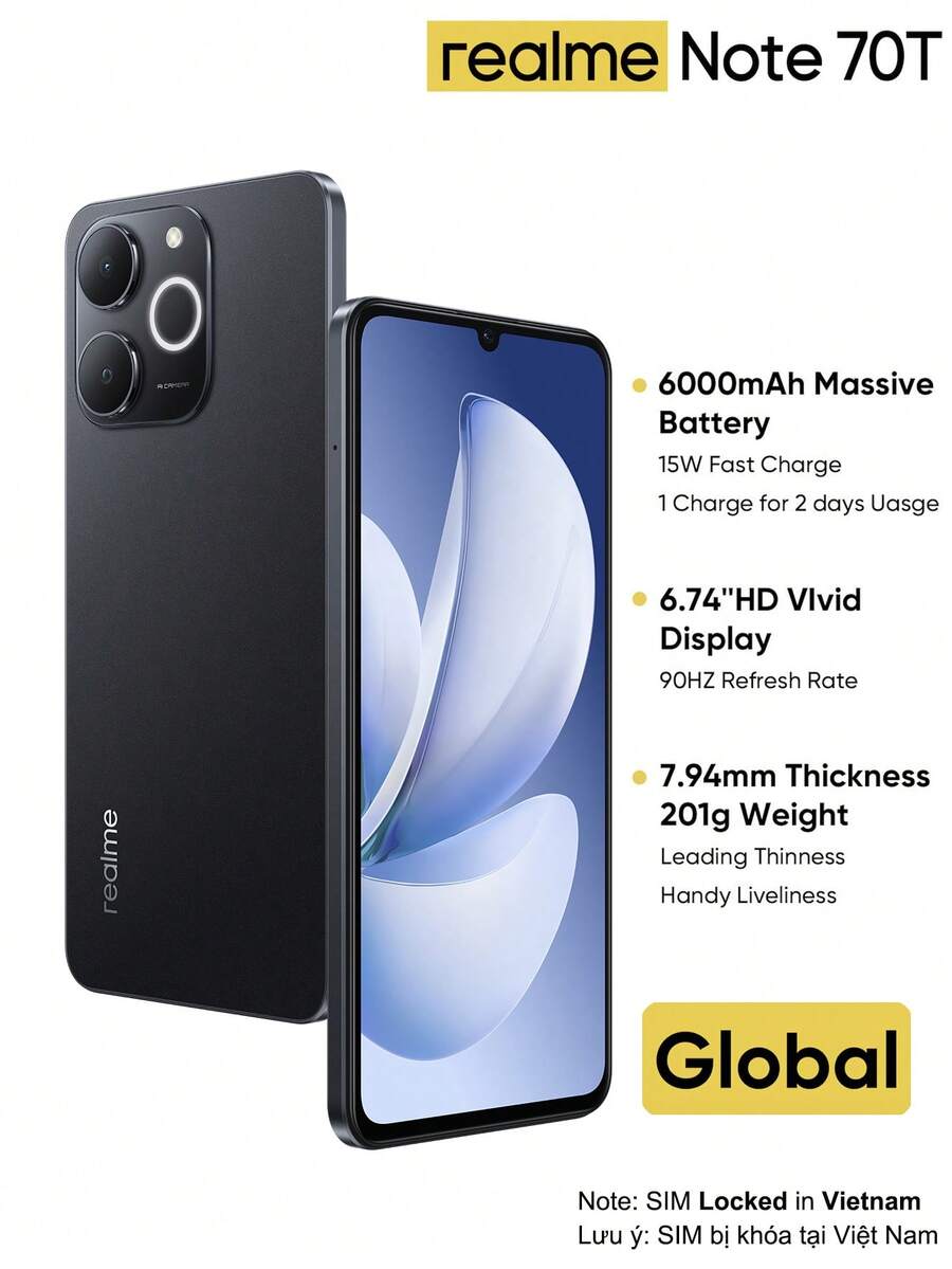 Realme Note 70T 智慧型手機 4GB+64GB/4GB+128GB/4GB+256GB 全球版 4G LTE，Android 15 解鎖手機，6000mAh 大電池，50MP AI 相機，90Hz 螢幕手機 Plus Light，15W 快充，8 核心晶片，不含適配器，越南 SIM 鎖定