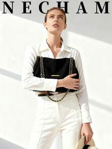 1 Túi đeo vai giả da lộn có dây xích, Túi tote cầm tay dùng khi đi làm và mua sắm, dành cho nữ - màu đen - Xem 2