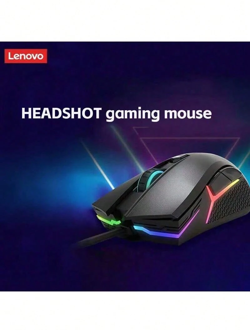 Lenovo HEADSHOT Wired Gaming Mouse With 16.8 Million RGB Colors, Four Adjustable DPI Levels, Skin-Like Coating, And Feet. Suitable For Gaming And Office Use. - Black - View 1
