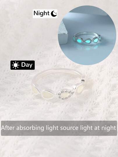 1pc Minimalist Imaginative Water Drop Blue-Green Glow-In-The-Dark Copper Micro-Inlaid Cubic Zirconia Ring, Niche Design For Women (Glows After Absorbing Light, Won't Glow Without Absorbing Light)