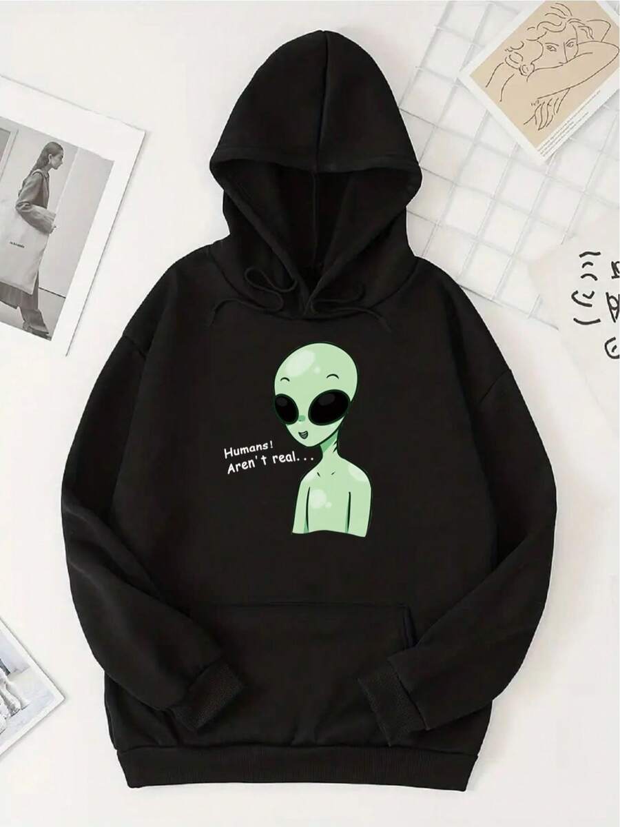 Hombres Sudadera con estampado de extraterrestre - Negro - Ver 1