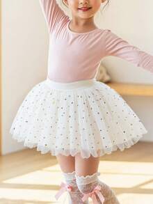 Young Girl Girls' Summer Sequin Multi-Layer Mesh Elastic Waist Shorts Lining Patchwork Fashionable Minimalist Dance Sports Skirt - White - View 8