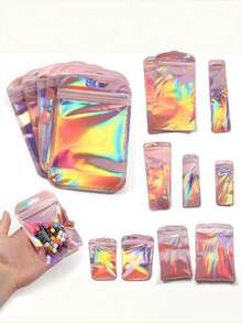 100/10 Peças Sacos com Zíper Holográfico Arco-Íris, Sacos de Armazenamento de Plástico Reutilizáveis, Sacos de Embalagem à Prova de Odor, Essencial de Volta às Aulas, Adequado para Cosméticos, Joias, Selagem de Alimentos, Ferramentas de Limpeza de Unhas, Canetas de Arte de Unhas, Produtos de Cuidados com Unhas DIY, Joias, Pequenos Presentes, Presentes de Natal, Presentes de Halloween, Presentes de Ação de Graças, Presentes do Dia dos Namorados, Presentes de Aniversário, Presentes do Dia das Mães, Presentes da Páscoa