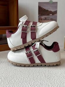 1 Pair Casual & Fashionable Children's Sports Shoes, PU Leather Patchwork Upper, Soft & Comfortable, Lightweight, Convenient Hook And Loop Closure, Contrast Color Design, Simple & Versatile, Suitable For All Seasons