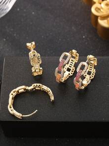 1 par de pendientes de estilo bohemio con cadena, circonita cúbica colorida para mujer, chapado en oro, de alta gama y glamoroso, diseño con diamantes completos, con circonita súper brillante incrustada, para uso diario, regalo ideal para novia, regalo del Día de San Valentín, platos de Ramadán, regalo de Eid Al-Fitr, obsequio de Eid Al-Fitr - Pendientes coloridos - Ver 8