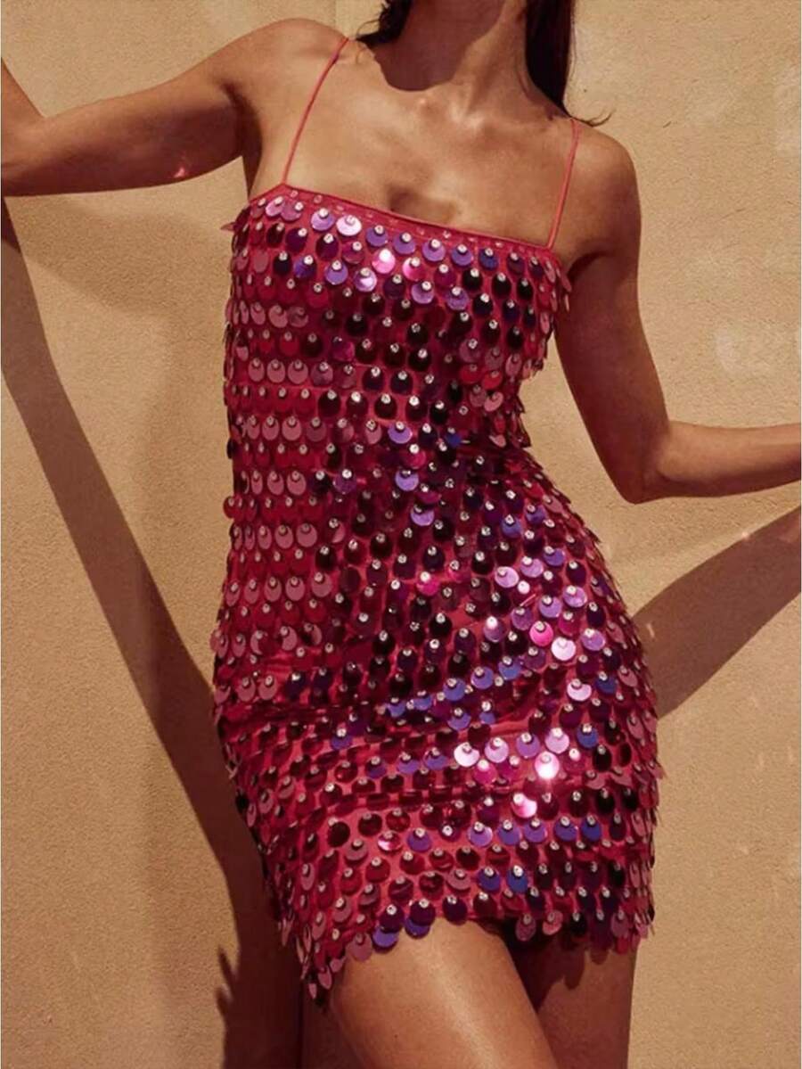 Women's Solid Color Halter Bodycon Dress, Women's Party Sequined Fitted Dress, Women's Fitted Mini Dress - 玫紅色 - 查看 1