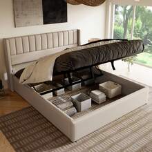 Storage Bed, Upholstered Bed, Hydraulic Double Bed 160x200cm, Wooden Slatted Base, Bed With Metal Slatted Frame, Linen, Beige (With Mattress) - Beige + Linen - View 6