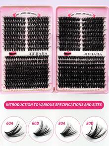 608PCS D Curl Fluffy Individual Lash Clusters 30D+40D/60D+80D, 10-16mm DIY Lash Clusters Extra Thick&Dramatic Volume&Ultra Soft&Super Light Reusable Individual Segmented False Eyelashes Eyelash Extension Kit For Self Use At Home Halloween&Cosplay&Daily Life - Black - View 2