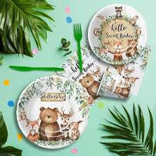 DWoodland Baby Shower Decorations Tableware Forest Creatures Animal Theme Woodland Baby Shower Party Plies Paper Plate Cup Napkin Tablecloth Disposable Cutlery Straws Serves 24 - xanh trắng - Xem 7