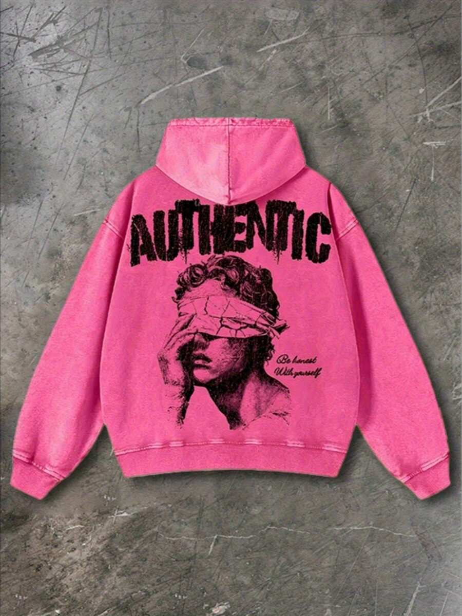 Washed Hoodie "Vintage AUTHENTIC Letters And Sculpture Portrait"American Retro Print Pattern,Y2K Street Fashion Hip-Hop Campus Style,For Outings - 玫紅色 - 查看 1