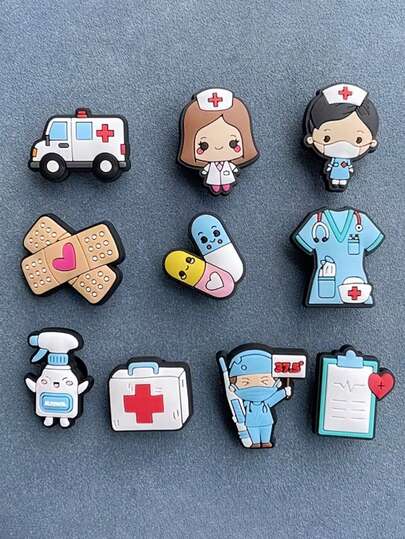 10pcs Nurse Theme Shoe Charms Set, Detachable PVC Medical Cartoon Decor Accessories, Christmas Gift