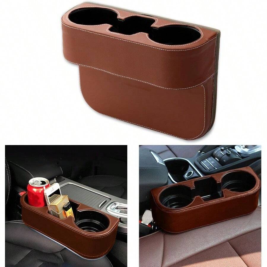 WSXC Car Cup Holder Auto Front Seat Gap Interior Drink Organizer Multifunctional Cup Drink Holders With PU Leather Cover Gap Filler Storage Box Coin Bucket Console Side Pocket Key Wallet Holder Brown - Brown - View 1