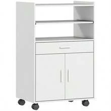 Microwave Cabinet, Shelf, Double-Door Cabinet, Drawer, Casters, White