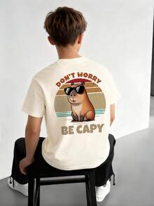 Tween Boys Casual Printed Round Neck Short Sleeve T-Shirt, Summer Top - Apricot - View 7