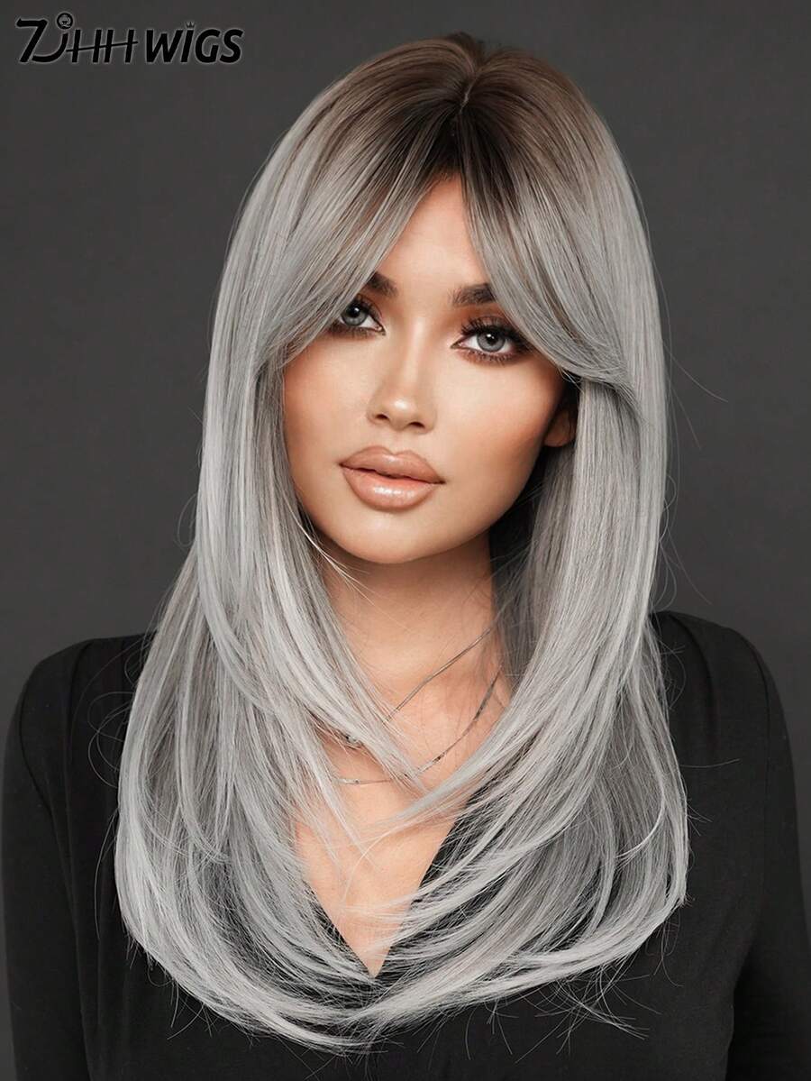 7JHH WIGS Elegant 24 Inch Gray Ombre Wigs For Women - Modest Fashion Long Layered Wig With Curtain Bangs Dark Roots, Heat-Resistant Full Machine Synthetic Fiber Hair Wigs For Daily Party Use Valentine's Day Present, Wig Accessories - 漸變灰色 - 查看 1