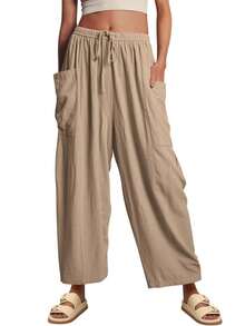 Women's Wide Leg Pants With Pockets – Casual Loose Drawstring Flowy Summer Palazzo Harem Pants - 卡其色 - 查看 1