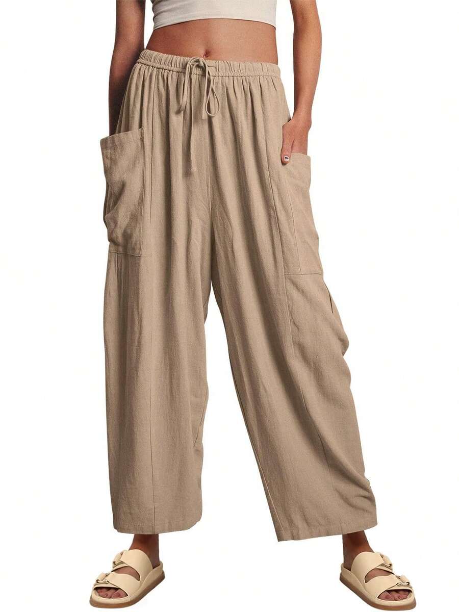 Women's Wide Leg Pants With Pockets – Casual Loose Drawstring Flowy Summer Palazzo Harem Pants - 卡其色 - 查看 1