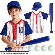 Conjunto de 7 piezas de disfraz de jugador de béisbol para niños, incluye 4 pelotas de béisbol, jersey de béisbol, gorra y bate, juguetes de vestir y juego de roles para exteriores para niños y niñas, conjunto de juguetes ideal para niños, disfraz para fiestas, gran regalo para cumpleaños, Navidad, Año Nuevo, vuelta al colegio - Azul - Ver 2