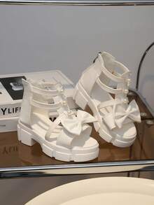 1双儿童白色厚底凉鞋，PU皮革材质，编织鞋带，珍珠蝴蝶结装饰，包头，拉链，粗跟，适合5-15岁女孩，休闲、日常、假日、派对等场合，2026春夏款 - 白色 - 查看 1