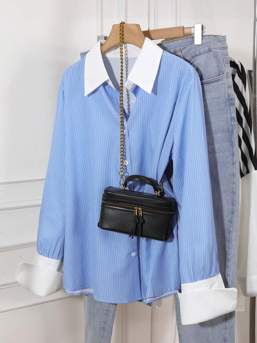 Women's Elegant Long Sleeve Shirt - Light Blue Striped Office Shirt, Classic Collar Business Casual Top, Suitable For Professional And Casual Wear, Machine Washable Non-Stretch Formal Shirt, Work Attire, Timeless Design, Quality Stitching, For Career Women - Blue - View 1