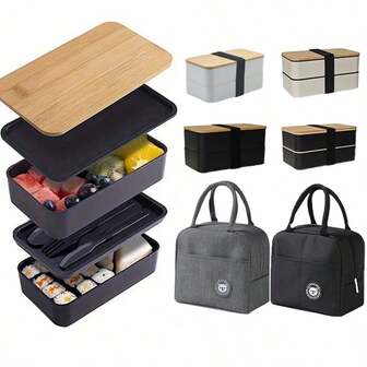 1 Set Bento Lunch Box With Utensils, Insulated Bag, Adult Lunch Container, Japanese-Style Lunch Box, Snack Storage, Reusable, Multi-Layer Stackable Food Storage Box, Suitable For School, Work, Outdoor Travel, Easy To Clean, Portable, Space-Saving Thermal Lunch Box