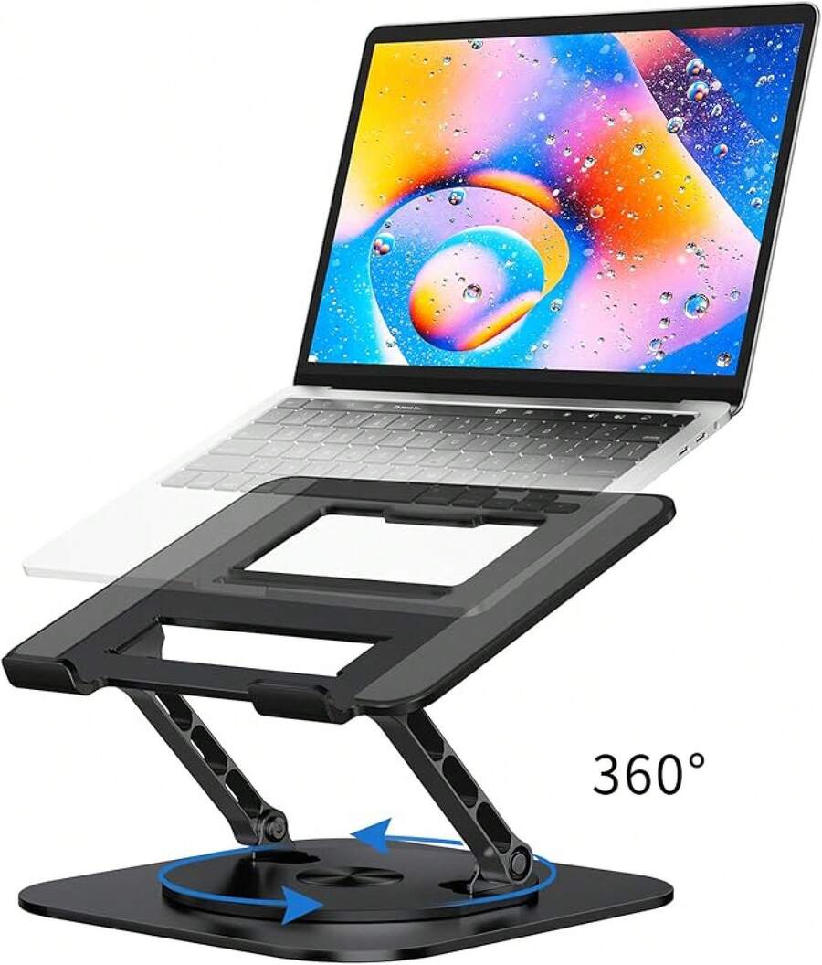 Laptop Stand With 360° Rotating Base, Foldable Adjustable Computer Holder, Ergonomic Design Compatible With Pro,  XPS, HP,  More 10-17" (A-Silver) - 黑色 - 查看 1