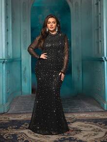 Damen Große Größen Glitzernde Strass-Abendkleider Mesh Meerjungfrau Brautjungfer Hochzeitsgast Cocktailparty Maxikleider Gala Abschlussball Herbst - Schwarz - Übersicht 4
