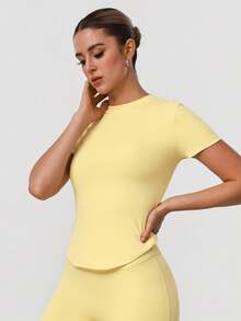 Sodalemon Women Sport Sets Solid Color T-Shirt No Front Seam Classic Design Yoga Leggings Outdoor Run Training Fitness Set - Yellow - View 7