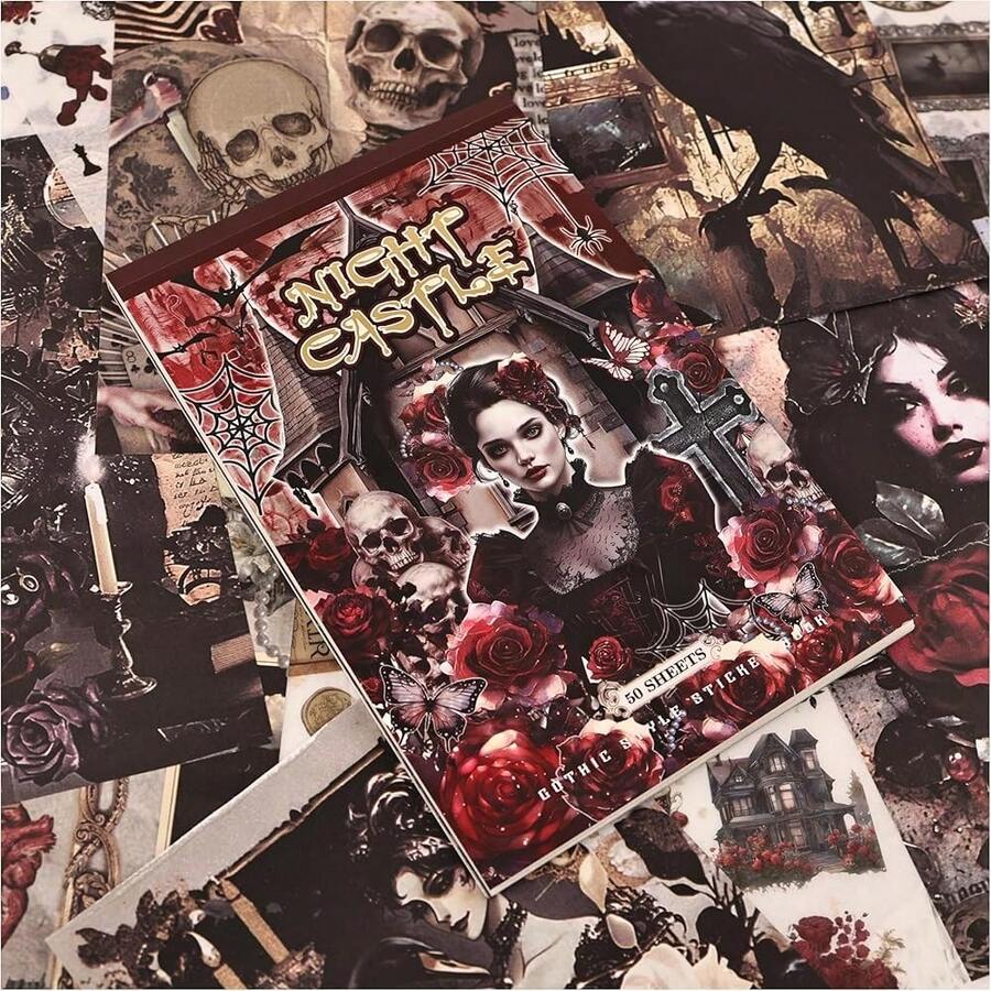 Halloween Stickers For Adults, 50 Sheets Precut Dark Aesthetic Gothic Scrapbook Washi Sticker Book For Junk Journal Supplies, Journaling, Scrap Book Suply,50GothicStickerPaperBook - 50張哥德式貼紙紙書 - 查看 1