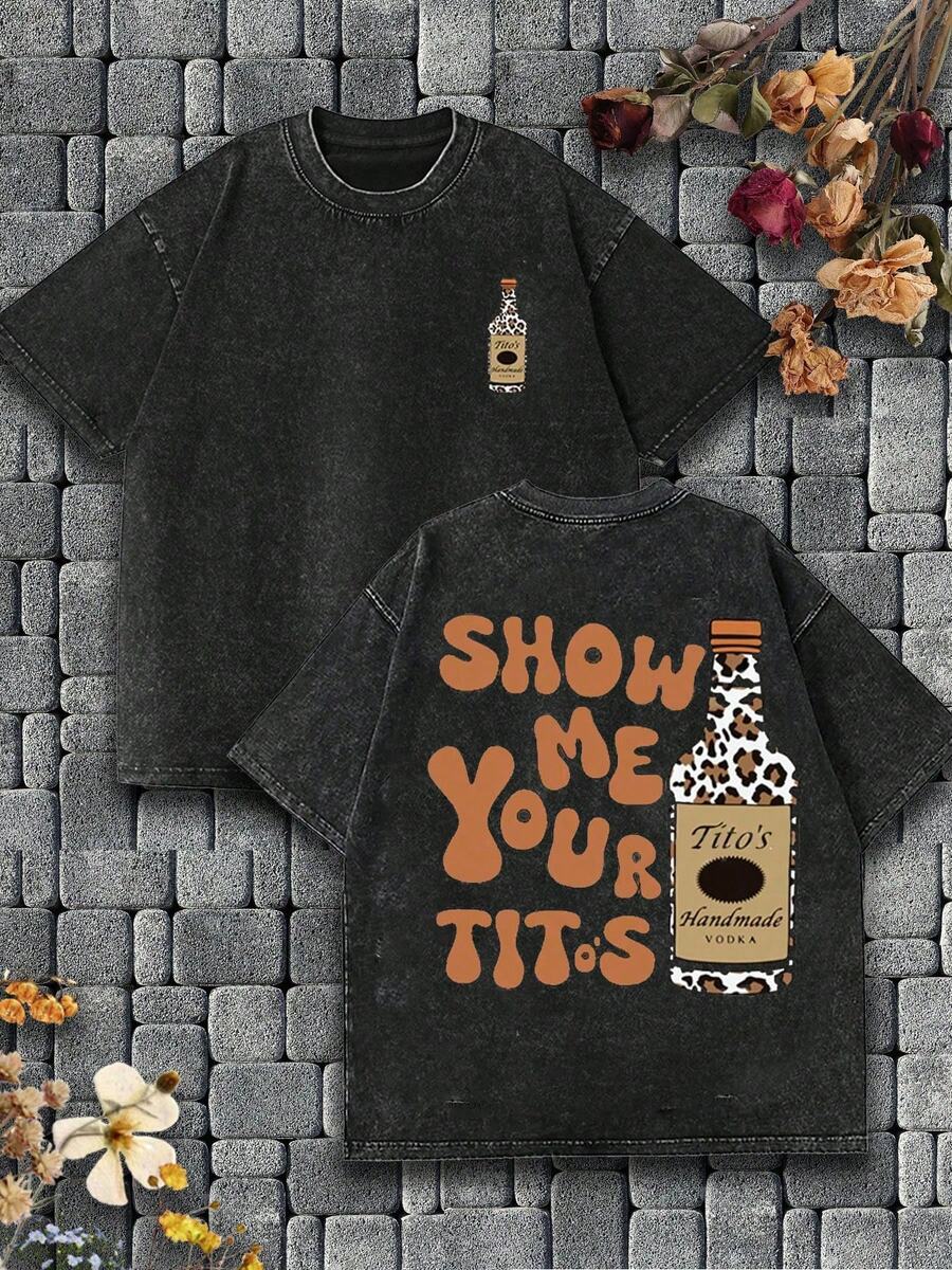 Vintage Estilo vintage, Entusiasta de Tito's Vodka, Elementos de estampado de leopardo, MUÉSTRAME TUS TITOS Texto humorístico de memes, Camiseta vintage de doble cara estampada y lavada...... Camiseta holgada retro, Camiseta casual para hombre, Lavable a máquina y lavable, Camiseta vieja con diseño genial, Tela duradera y cómoda, Sentido de la moda callejera, Imprescindible para los entusiastas del estilo callejero, Ropa deportiva de primer nivel, Adecuada para el transporte diario, citas, ocio a juego, Adecuada para regalos de vacaciones, La primera opción para regalar. y Regalos de Navidad/Año Nuevo - Unisex - Negro - Ver 1