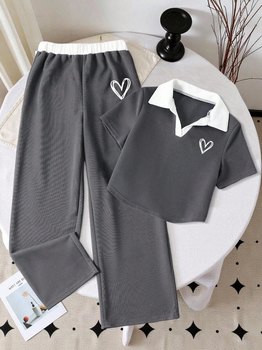 Tween Girl Cartoon Print Short Sleeve Top + Pants Set - Dark Grey - View 1