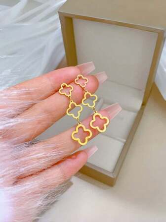1 par de pendientes con colgante de diseño de cuadrado hueco y trébol de cuatro hojas, joyería de estilo minimalista y de lujo para uso diario casual
