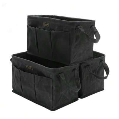 3-Pack Storage Tool Case Set 13.8 X 7.8 X 7.8 Inches Rectangular Waxed Canvas Fabric Collapsible Tool Bag With Handles For Tools Wrench Set Screwdrivers Black