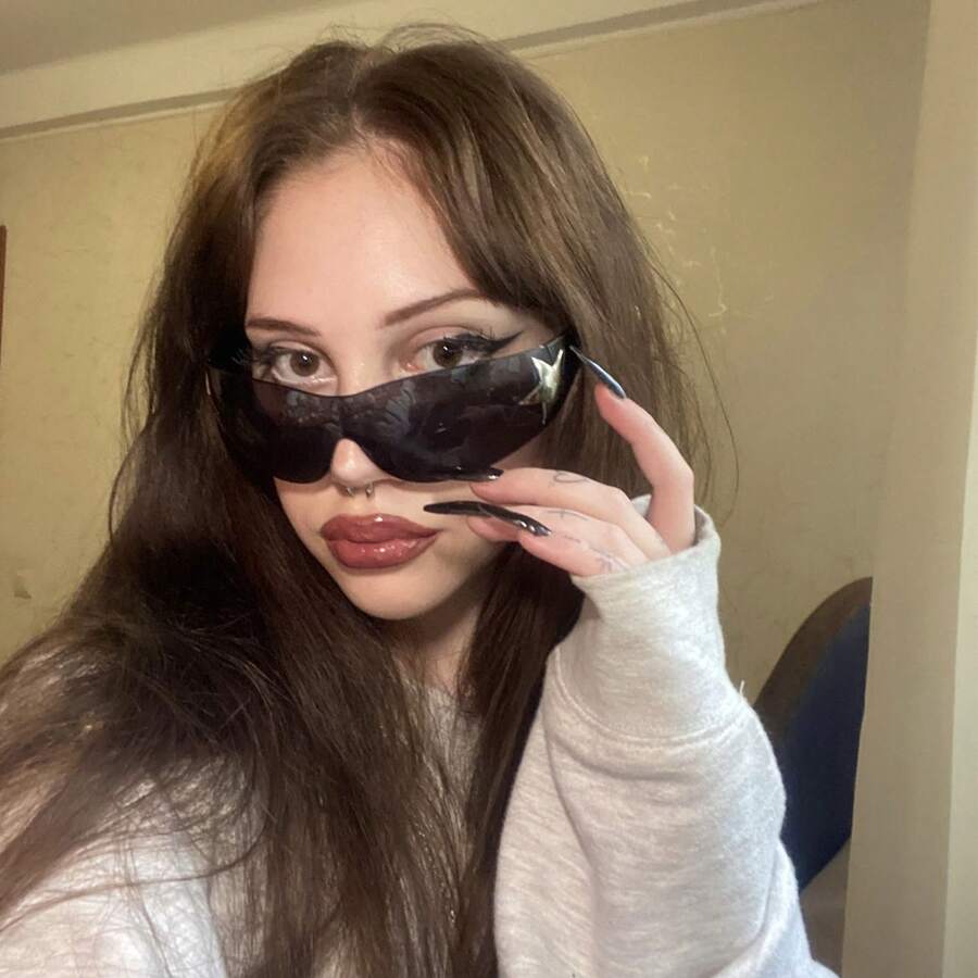 1pcY2K Wraparound Style Fashion Glasses, Millennium Future Style, European And American Glasses, Integrated Personalized Glasses Preppy Style For Back To School Wrap Shape Star Decor - màu đen - Xem 1