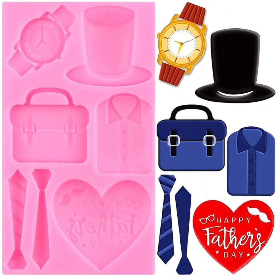 Father's Day Fondant Molds Watch T-Shirt Tie Hat Briefcase Pattern Silicone Mold For Cake Decorating Cupcake Topper Chocolate Candy Gum Paste Polymer Clay,StyleD - StyleD - 查看 1