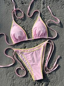 Women's Summer Beach Floral Trim Halter Tie Sexy Bikini Swimsuit Set - Pink - View 2