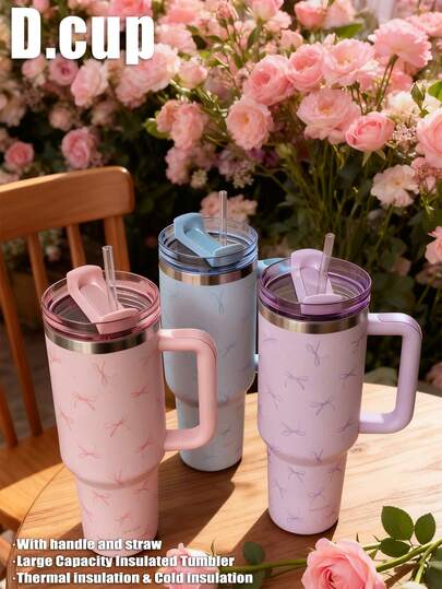 1pc Cute Bow 40oz-14oz Large Capacity Handled Tumbler, Insulated Stainless Steel Travel Mug, Vacuum Cup, Suitable For Travel, School, Office, Outdoor, Gym, Home, Holiday Gift, Birthday Gift, Valentine's Day Gift, Graduation Gift (Includes Straw, 6-Hour Thermal, 12-Hour Insulation)