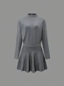 PoPoHouse Women's Solid Color Stand Collar Knit Dress, Elegant For Commuting In Winter And Spring - Grey - View 9