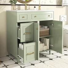 Bathroom Vanity Unit With 81.7 Cm Basin - Freestanding Unit With Ceramic Basin, Lacquered Surface, Multifunctional Storage Space And Solid Wood Legs, With A Modern And Luxurious Design - Green - Green - View 4