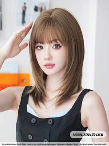 NAMM 20英寸灰棕色锁骨长度层次感中长假发，带刘海 - 发梢挑染，高密度全机烫耐热纤维合成假发，适合日常造型和街头时尚配饰 - 挑染米色 - 查看 3