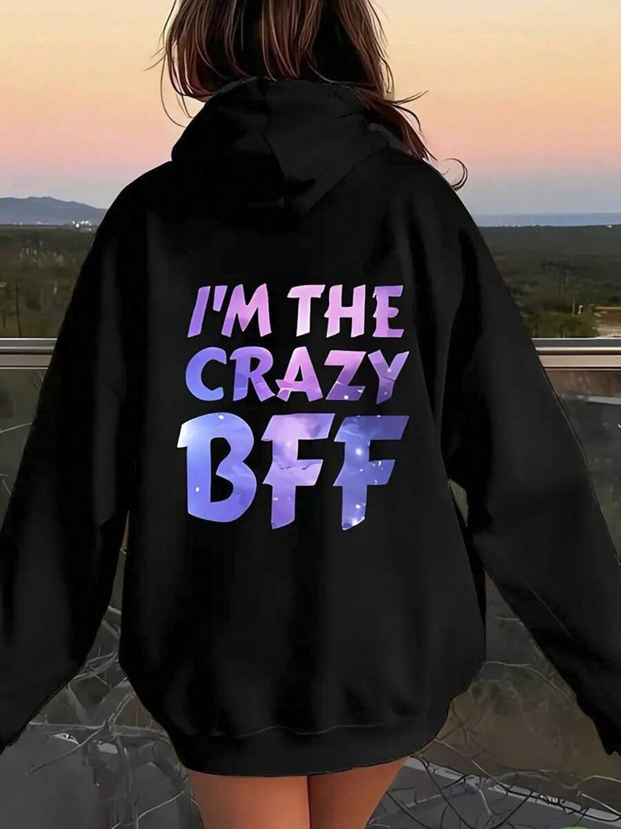 Women's Loose Fit 'I Am A Crazy BFF' Hooded Sweatshirt - Neon Fluorescent Letters And Best Friend Print, Comfortable Pullover With Pockets, Machine Washable Winter Warm Shirt, Suitable For Casual Wear And Matching With Best Friends, Homewear, Fashionable Home Wear, Durable Construction, Soft Material, Adult Exclusive - Black - View 1