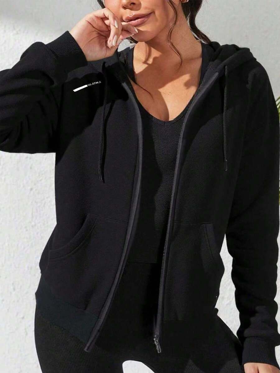 女士保暖连帽外套，简约纯色，常规长度，休闲风格，适合日常穿着，秋冬季黑色 - 黑色 - 查看 1