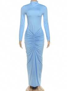 Solid Color Elegant Ruched Mock Neck Long Sleeve Bodycon Dress - Blue - View 7