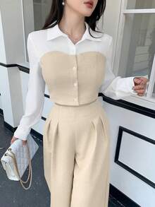 abyoxi 女士杏色和白色撞色领长袖单排扣短款衬衫，休闲通勤日常简约办公穿搭，适合秋冬季穿着 - 杏色 - 查看 3