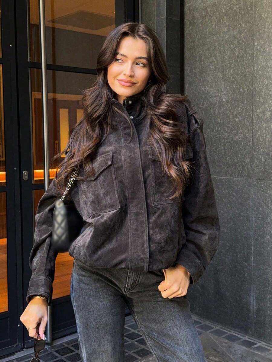 Women's Grey Suede Jacket, Oversized Stand Collar Long Sleeve Coat With Pockets For Spring Fall - Dark Grey - View 1