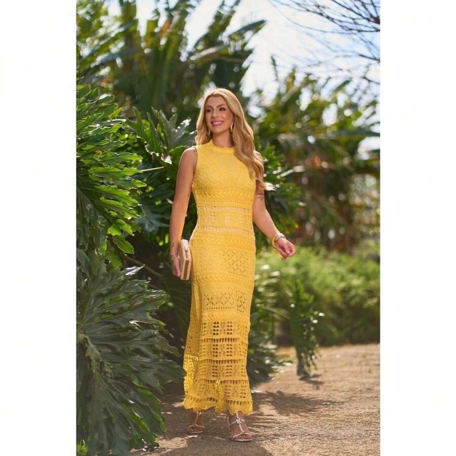 Long Lace Knit Dress With Lining, Chic, Graduation, Party, New Year's Eve, Size M - Yellow - View 1