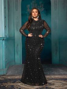 Damen Große Größen Glitzernde Strass-Abendkleider Mesh Meerjungfrau Brautjungfer Hochzeitsgast Cocktailparty Maxikleider Gala Abschlussball Herbst - Schwarz - Übersicht 5